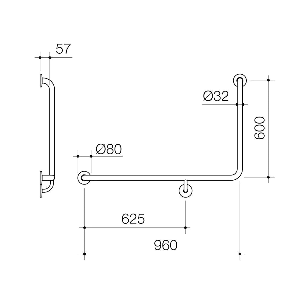 Care Support Grab Rail - 90 Degree Angled 960x600 LH - Stainless Steel