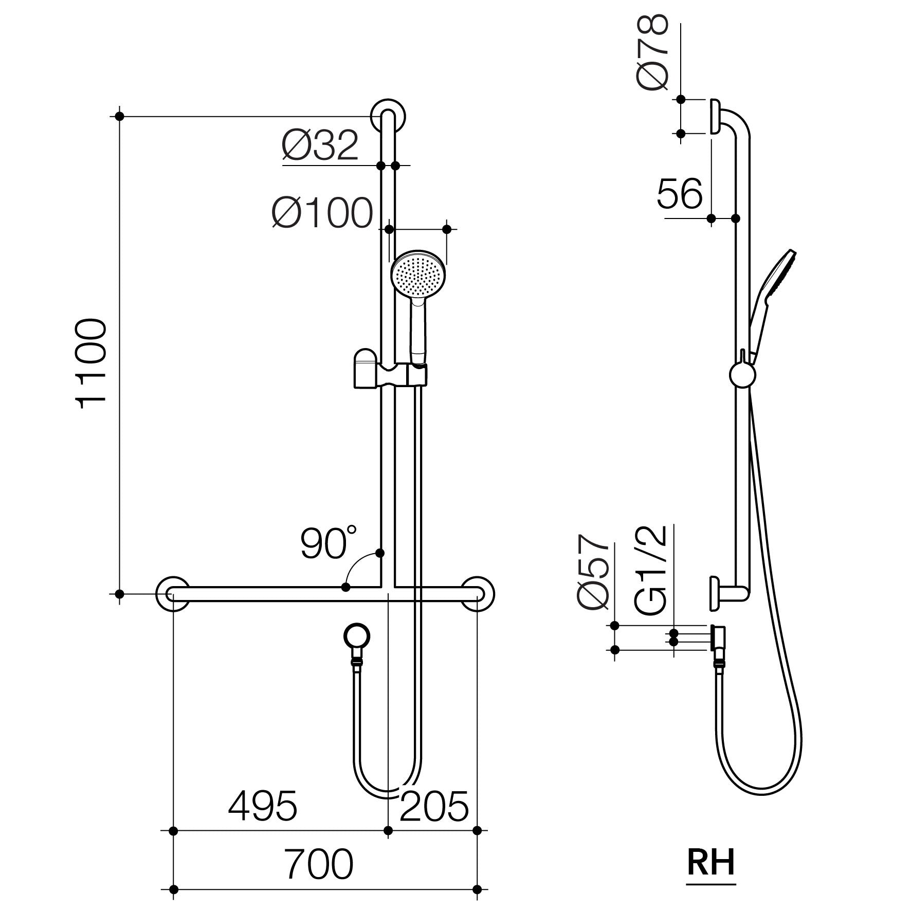 Care Support Shower Set with Inverted T Rail - LH- Matte Black