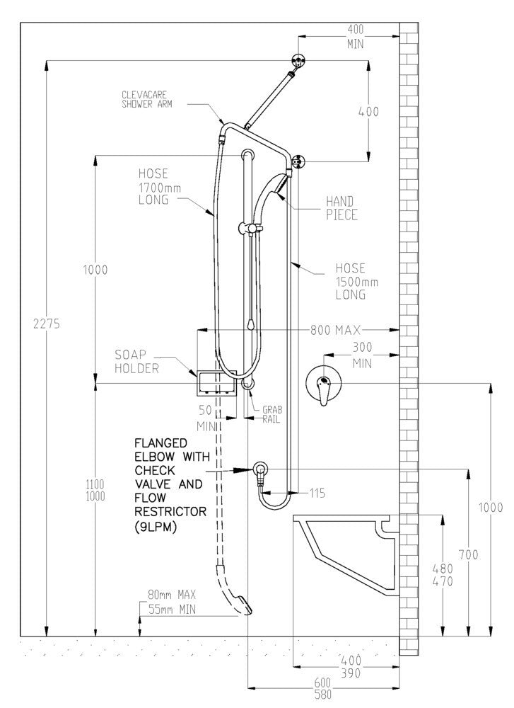 GalvinAssist® Hand Shower Kit with 1000 x 32 SS Grab Rail, Pull Rod, ClevaCare® Shower & CliniLe