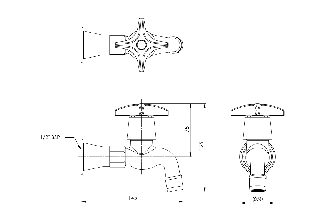 Concealed Spindle Bib Tap FI 50mm Extended with Aerated Outlet – Jumper Valve