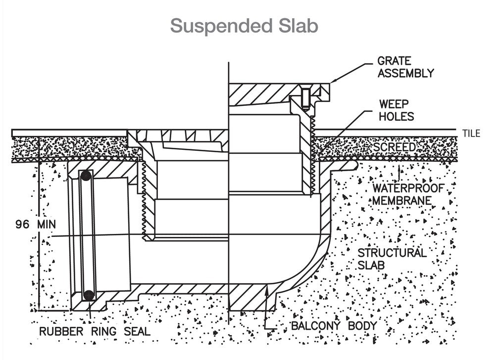 Horizontal Floor Drain Combo - CI 50PVC/HDPE Balcony Body & Stainless Steel Round Grate 100