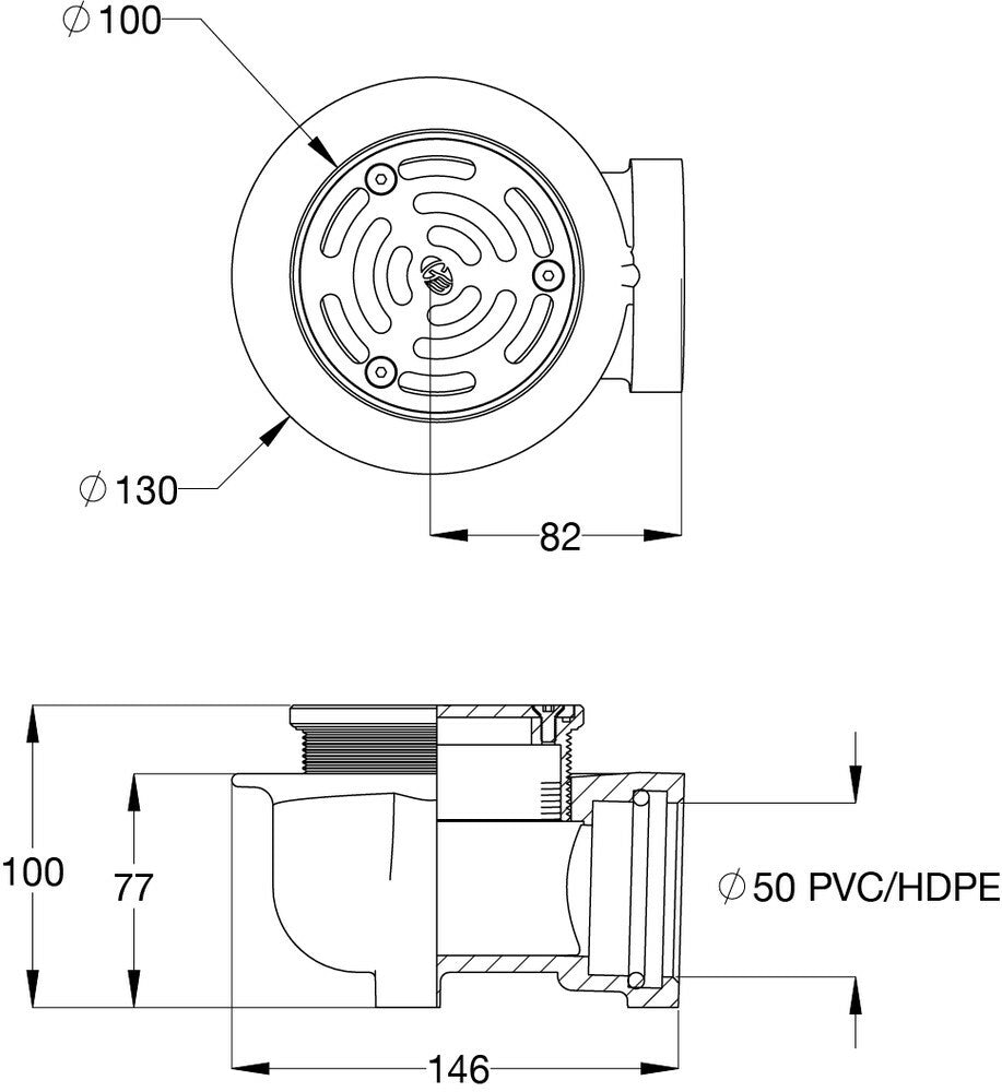 Horizontal Floor Drain Combo - CI 50PVC/HDPE Balcony Body & Stainless Steel Round Grate 100