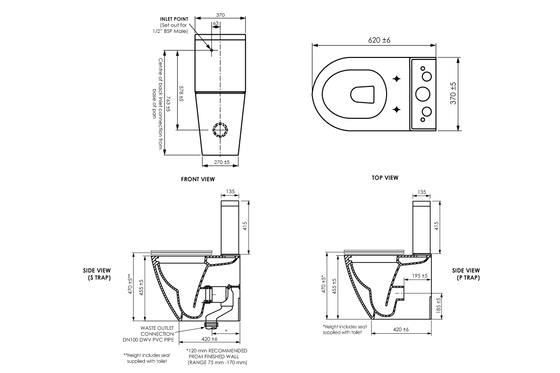 Enware Wall Faced Rimless Close-Coupled Toilet Suite – Raised