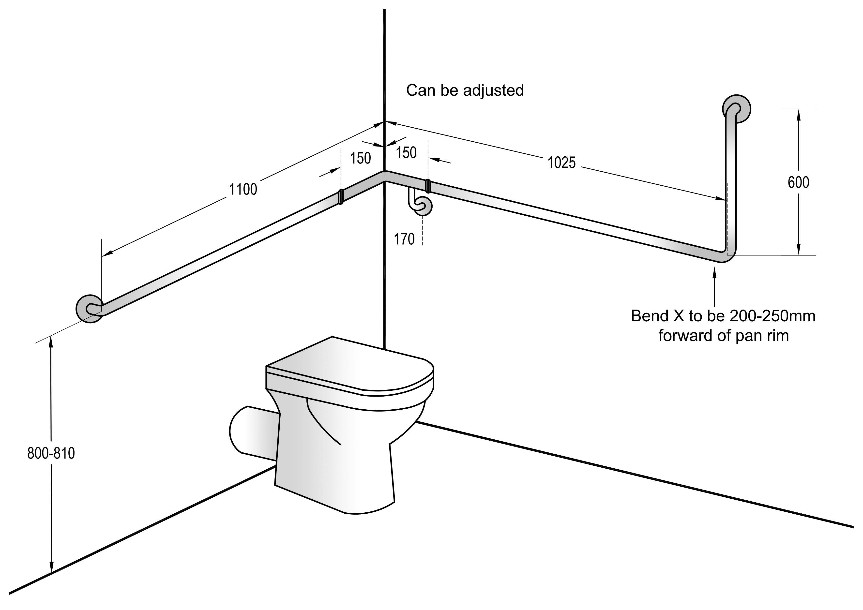 90° Flush Mount Wrap Around Grab Rail Modular 1100x1025x600mm LH