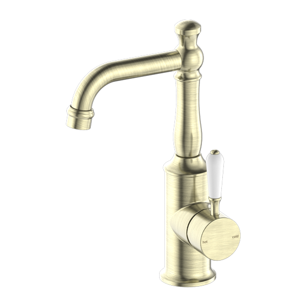 York Basin Mixer With White Porcelain Lever Aged Brass