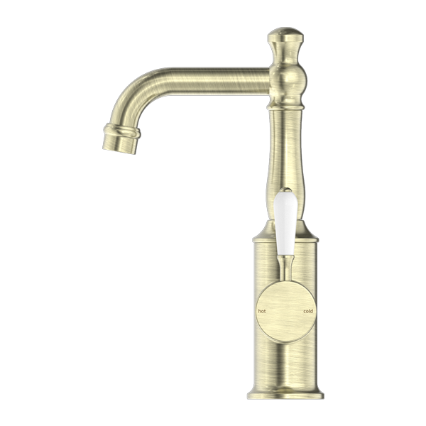 York Basin Mixer With White Porcelain Lever Aged Brass