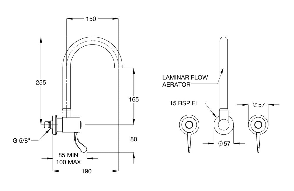 CliniLever® CP-BS Hospital Wall Sink Set 80 C/D with 190mm Gooseneck Outlet