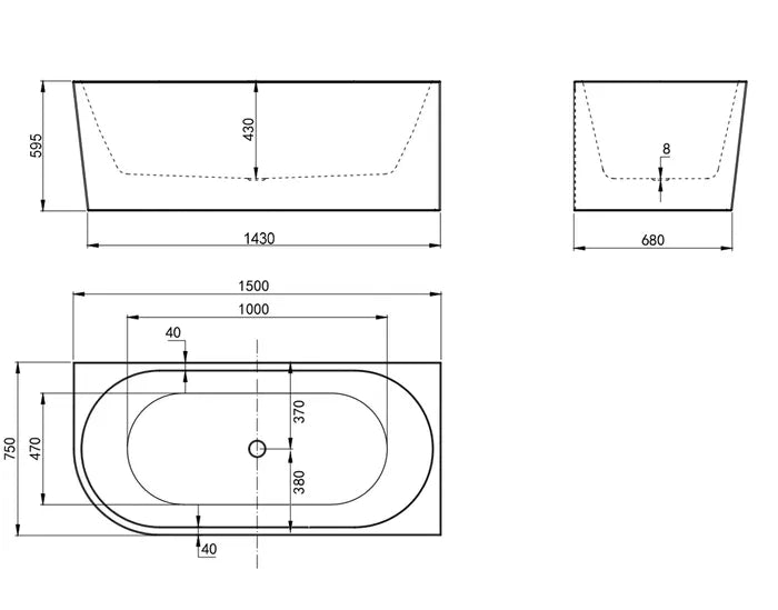 Right Corner Bathtub 1500x750x580 NF & Gloss White