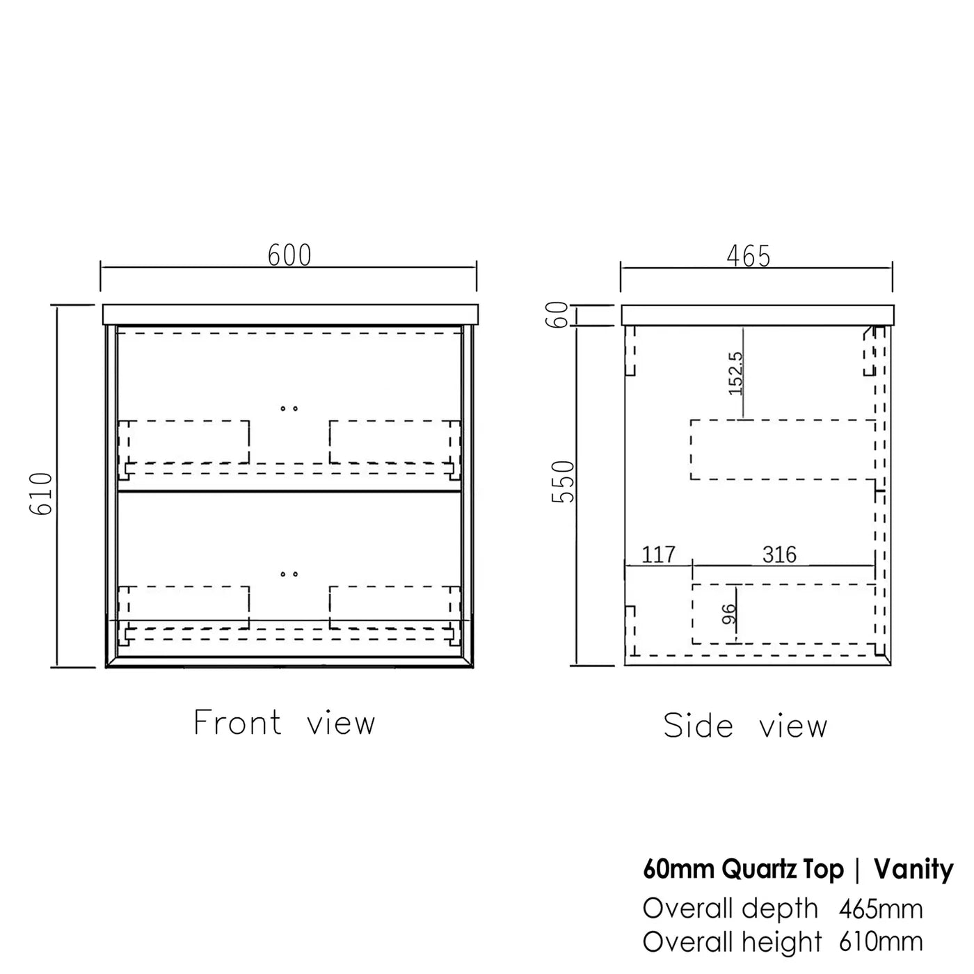 Satin White Boston 600MM Wall Hung Vanity 60mm Stone Top