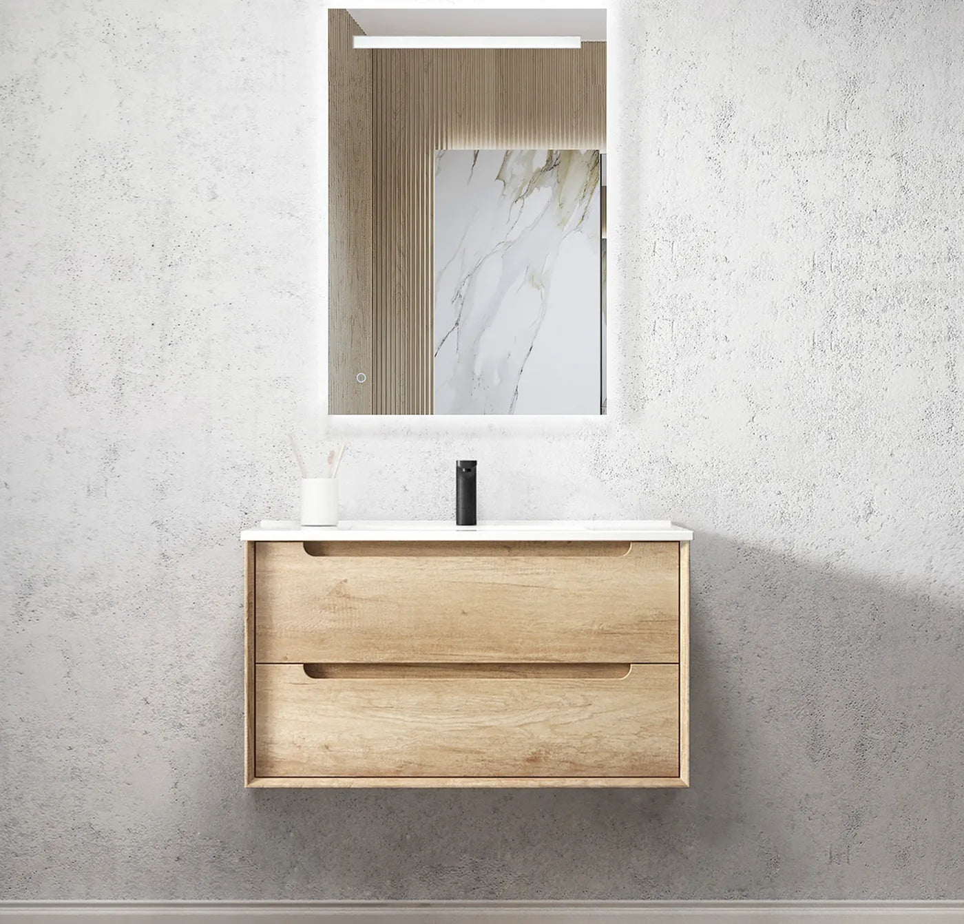 Natural Oak Byron 900MM Wall Hung Vanity Slimline Ceramic Top