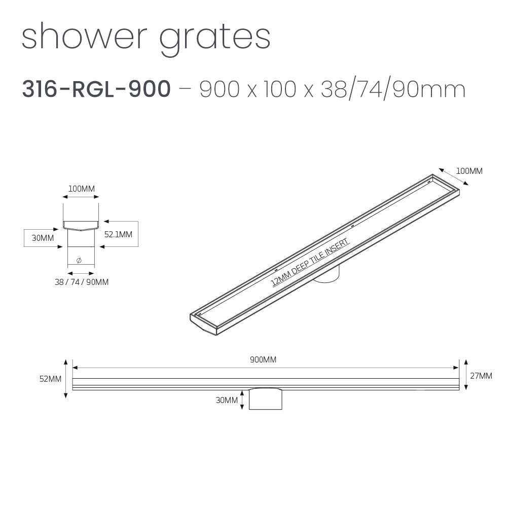 Linear Tile Insert Floor Grate 100MM X 900MM (90MM Outlet)