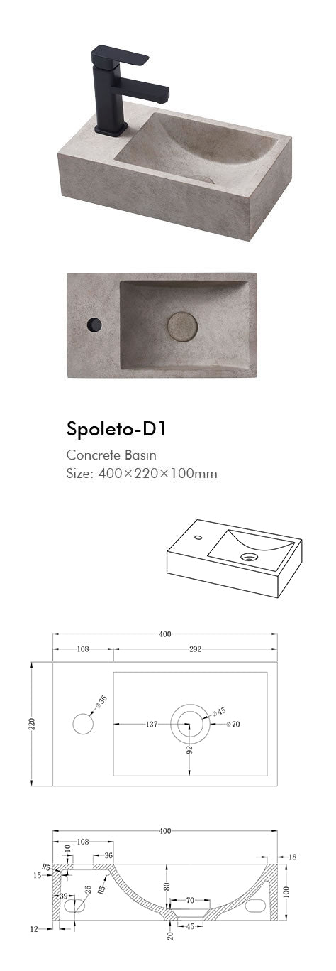 Slim Concrete Basin with Matching Pop Up Waste (400mm x 220mm x 100mm)