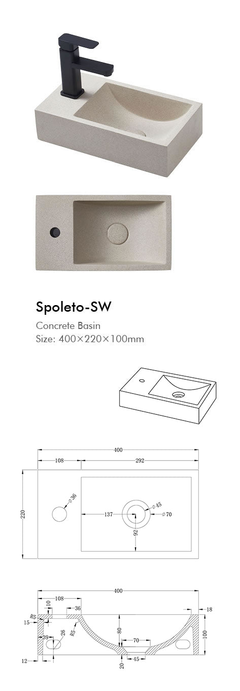 Slim Concrete Basin with Matching Pop Up Waste (400mm x 220mm x 100mm)